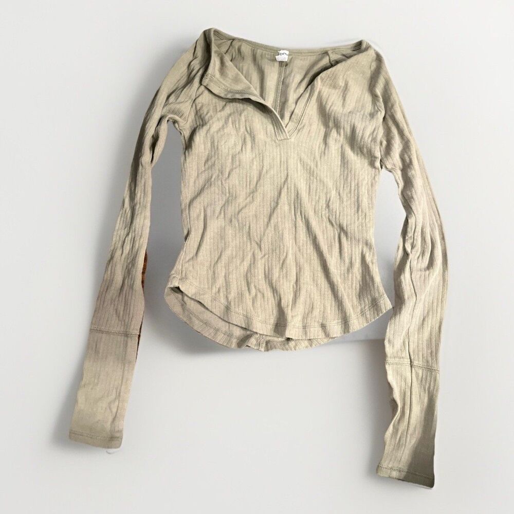 Free People FP Movement Ribbed Long Sleeve V Neck Top Sage Green Women’s XS
